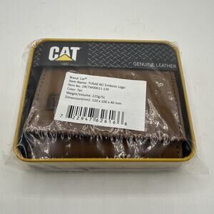 CAT Caterpillar Mens GENUINE LEATHER RFID TRIFOLD WALLET TAN in TIN GIFT BOX NEW